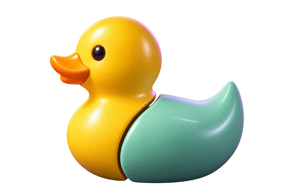 Game artwork: a golden and mint duck separated into two sculptural puzzle pieces