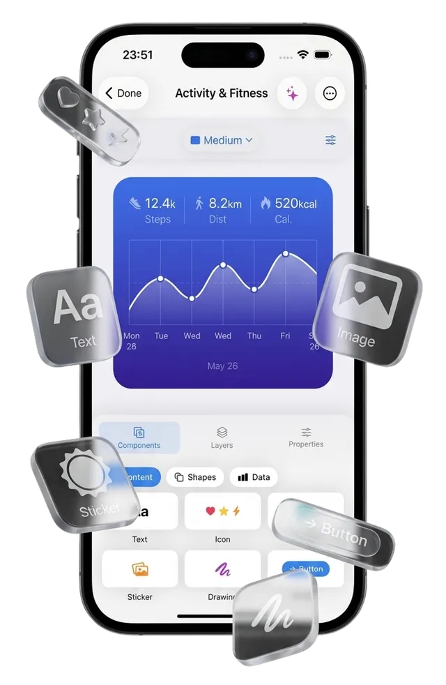 Widgety Maker showing customizable widgets on an iPhone